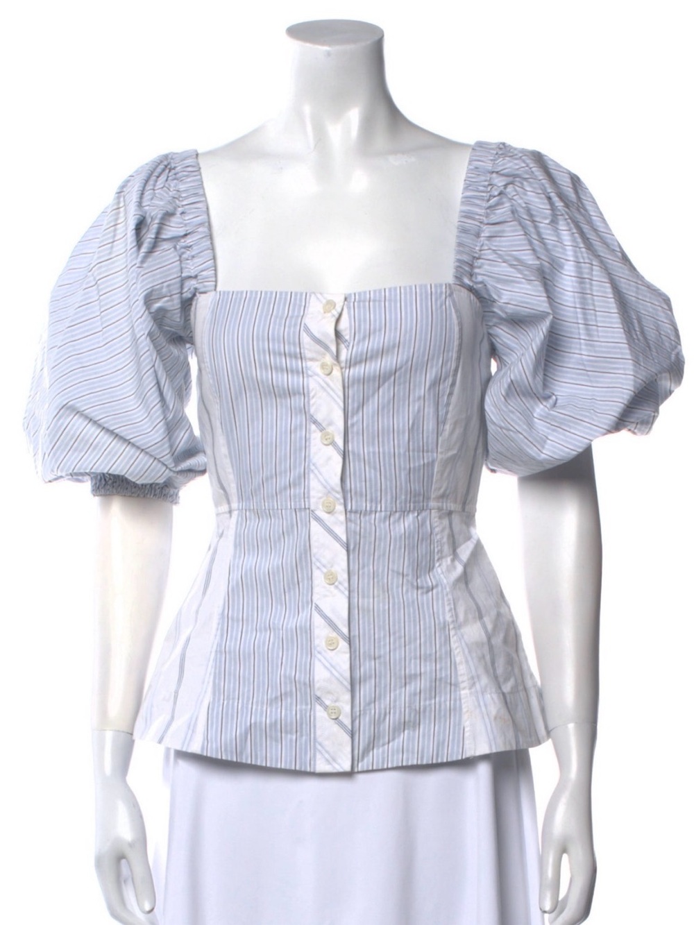Ganni Blue and White Striped Puff-Sleeve Button Front Top